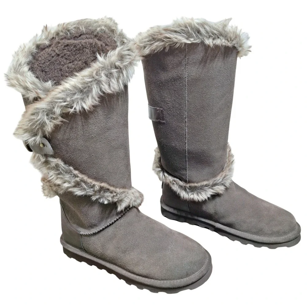 Bearpaw Sheilah Brown Suede Faux Fur Tall Winter Boots Womens 10 2139W